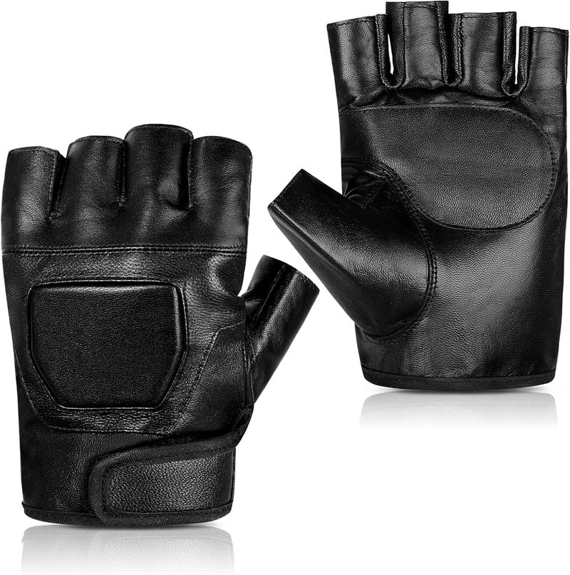 accmor Genuine Leather Cycling Fingerless Gloves, Outdoor Driving Motorcycle Sport Half Finger Glove for Men Women Teens - Image 1